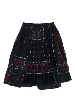 Dark navy and red paneled polyester-blend abstract paisley print asymmetric plissé skirt