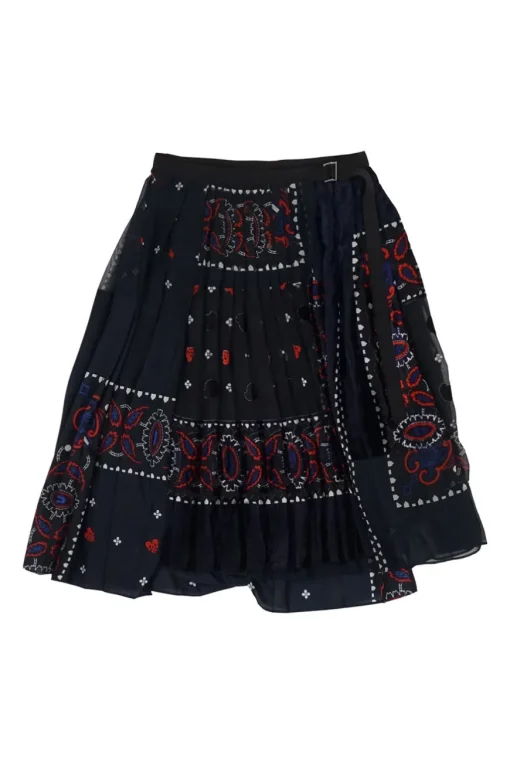 Dark navy and red paneled polyester-blend abstract paisley print asymmetric plissé skirt