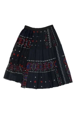 Dark navy and red paneled polyester-blend abstract paisley print asymmetric plissé skirt