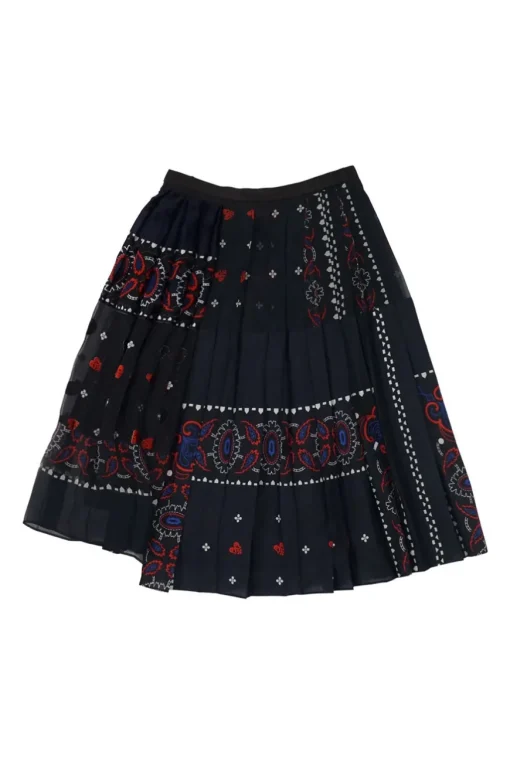 Dark navy and red paneled polyester-blend abstract paisley print asymmetric plissé skirt