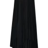 Dark navy polyester pull-on wrap-front A-line midi skirt with unfinished raw edges