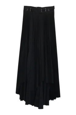 Dark navy polyester pull-on wrap-front A-line midi skirt with unfinished raw edges