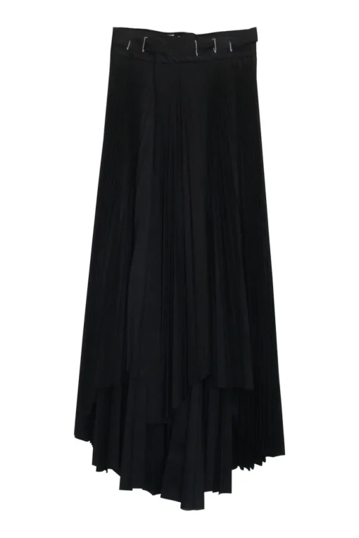 Dark navy polyester pull-on wrap-front A-line midi skirt with unfinished raw edges