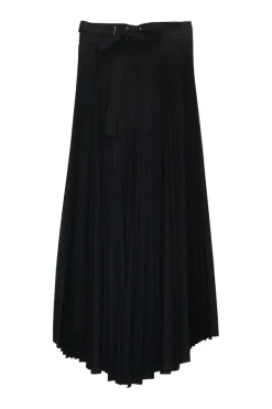 Dark navy polyester pull-on wrap-front A-line midi skirt with unfinished raw edges