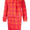 Dark pink  and orange tweed  blazer and skirt 1995 set with turned rolled sleeve cuffs
