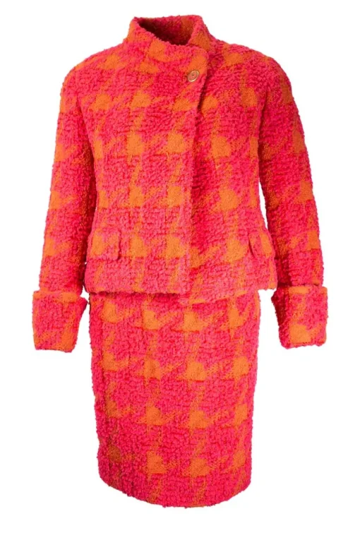 Dark pink  and orange tweed  blazer and skirt 1995 set with turned rolled sleeve cuffs