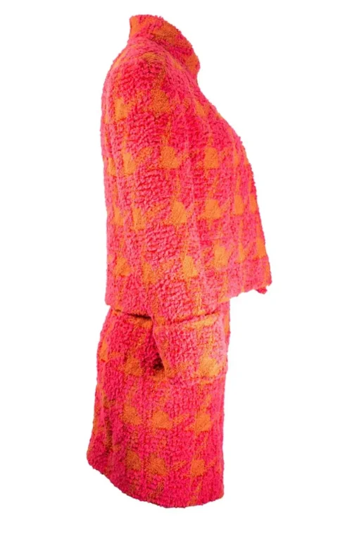 Dark pink  and orange tweed  blazer and skirt 1995 set with turned rolled sleeve cuffs
