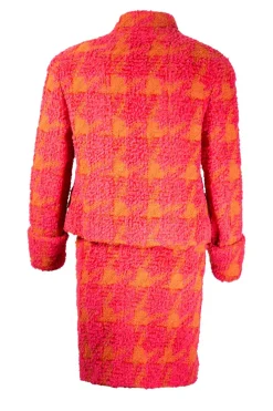 Dark pink  and orange tweed  blazer and skirt 1995 set with turned rolled sleeve cuffs