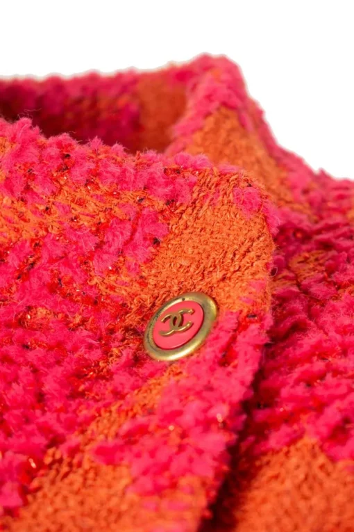 Dark pink  and orange tweed  blazer and skirt 1995 set with turned rolled sleeve cuffs