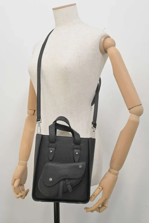 Dior Homme black pebbled leather saddle tote bag with detachable shoulder strap