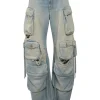 Dirt wash indigo cotton denim pull-high rise bow-leg cargo jeans with tab cuffs