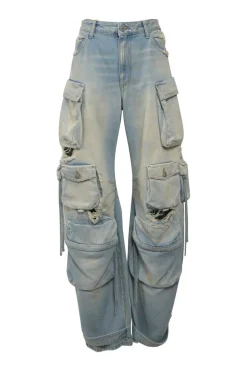 Dirt wash indigo cotton denim pull-high rise bow-leg cargo jeans with tab cuffs
