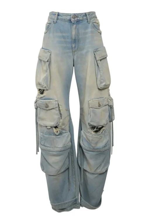 Dirt wash indigo cotton denim pull-high rise bow-leg cargo jeans with tab cuffs