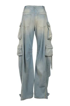 Dirt wash indigo cotton denim pull-high rise bow-leg cargo jeans with tab cuffs