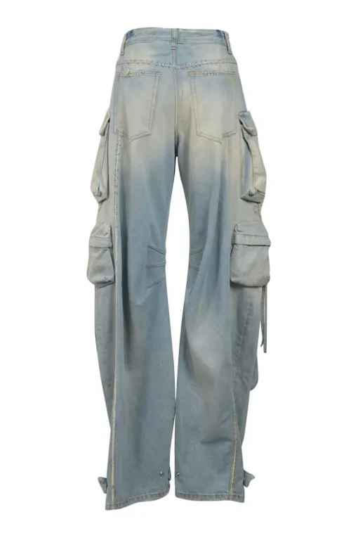 Dirt wash indigo cotton denim pull-high rise bow-leg cargo jeans with tab cuffs