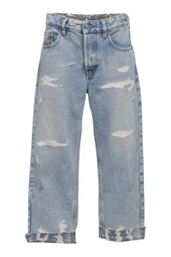 Distressed washed indigo cotton denim Aryel high-rise straight-leg jeans with turn-up cuffs