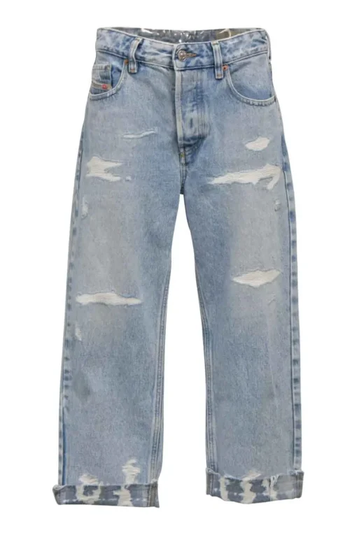 Distressed washed indigo cotton denim Aryel high-rise straight-leg jeans with turn-up cuffs