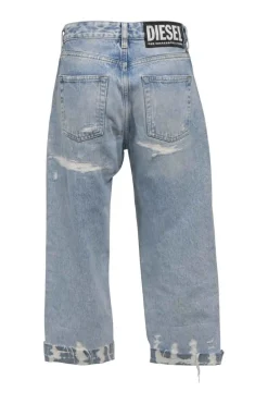 Distressed washed indigo cotton denim Aryel high-rise straight-leg jeans with turn-up cuffs