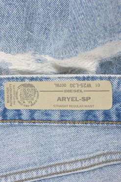 Distressed washed indigo cotton denim Aryel high-rise straight-leg jeans with turn-up cuffs
