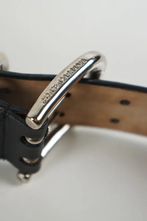 Dolce &amp; Gabbana black leather adjustable metallic buttons with silver tone double hole buckle