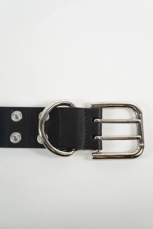 Dolce &amp; Gabbana black leather adjustable metallic buttons with silver tone double hole buckle