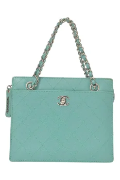 Duck egg blue matelassé caviar leather chain handbag with silver-tone metallic hardware