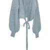 Dusty blue alpaca-wool blend purl knit raglan balloon sleeve wrap cardigan with Coco Mark waist buckle