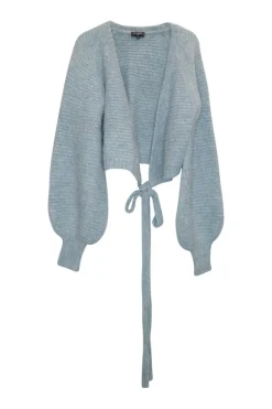 Dusty blue alpaca-wool blend purl knit raglan balloon sleeve wrap cardigan with Coco Mark waist buckle