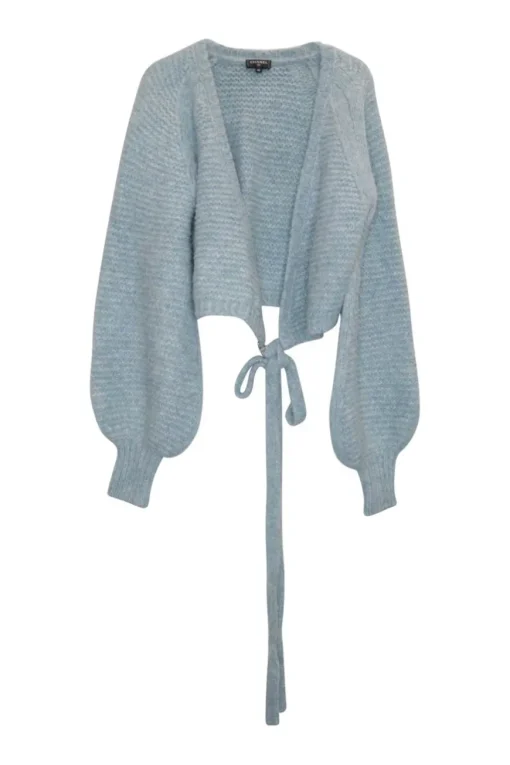 Dusty blue alpaca-wool blend purl knit raglan balloon sleeve wrap cardigan with Coco Mark waist buckle