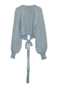 Dusty blue alpaca-wool blend purl knit raglan balloon sleeve wrap cardigan with Coco Mark waist buckle