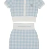 Dusty blue cotton-blend gingham terry cropped cardigan and mini pencil skirt twin set