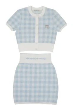 Dusty blue cotton-blend gingham terry cropped cardigan and mini pencil skirt twin set
