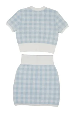Dusty blue cotton-blend gingham terry cropped cardigan and mini pencil skirt twin set