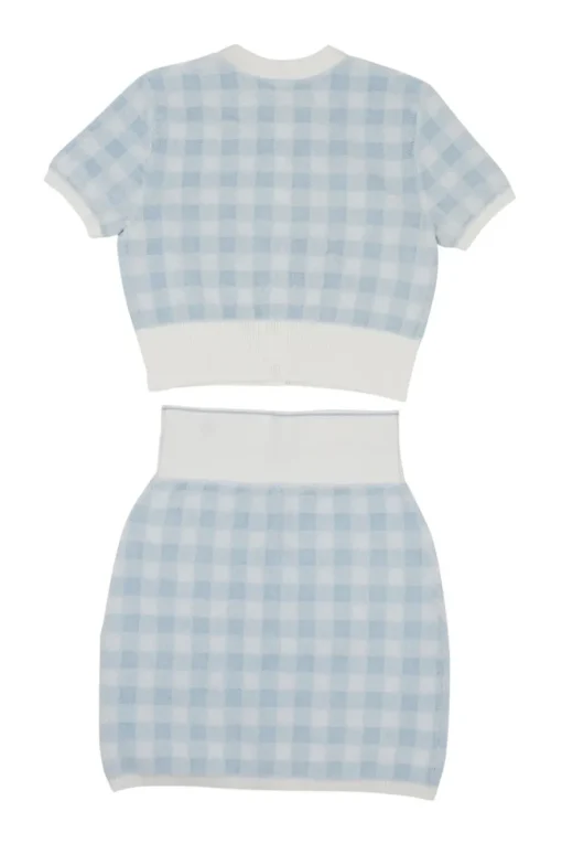 Dusty blue cotton-blend gingham terry cropped cardigan and mini pencil skirt twin set