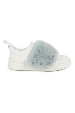 Dusty blue mink fur-trimmed low-top Rockstud leather and rubber sneakers