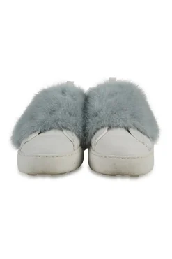 Dusty blue mink fur-trimmed low-top Rockstud leather and rubber sneakers