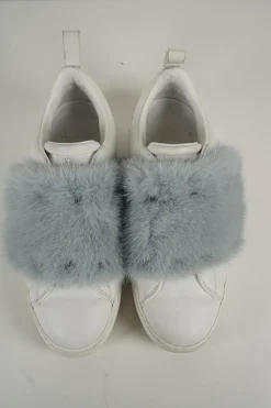 Dusty blue mink fur-trimmed low-top Rockstud leather and rubber sneakers
