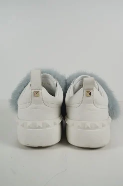 Dusty blue mink fur-trimmed low-top Rockstud leather and rubber sneakers