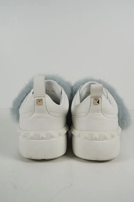 Dusty blue mink fur-trimmed low-top Rockstud leather and rubber sneakers