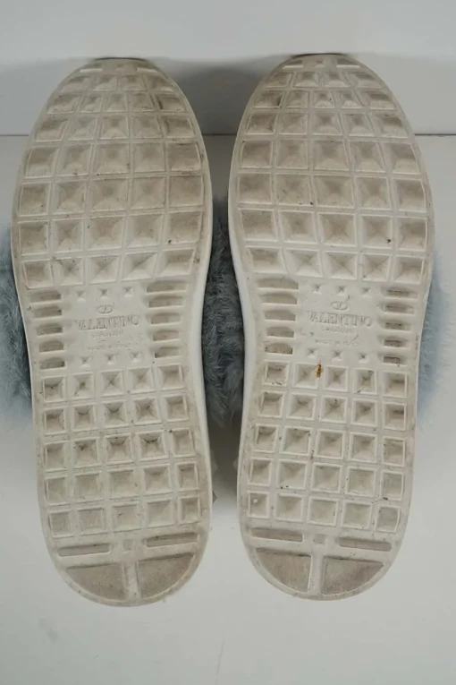 Dusty blue mink fur-trimmed low-top Rockstud leather and rubber sneakers