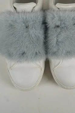 Dusty blue mink fur-trimmed low-top Rockstud leather and rubber sneakers
