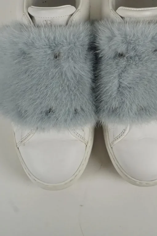 Dusty blue mink fur-trimmed low-top Rockstud leather and rubber sneakers
