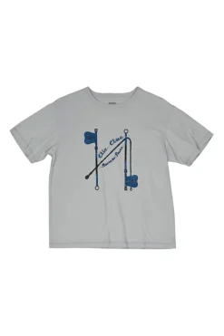 Dusty blue screen-printed cotton jersey crewneck pullover t-shirt featuring Clic Clac motif