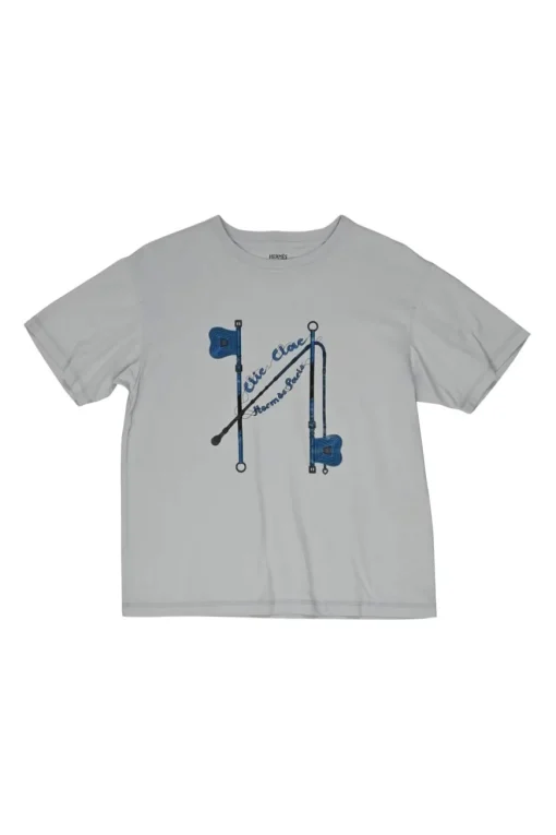 Dusty blue screen-printed cotton jersey crewneck pullover t-shirt featuring Clic Clac motif