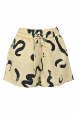 Ecru and black silk-linen blend abstract print pull-on high-rise wide-leg shorts with elasticated drawstring waist
