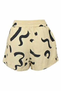 Ecru and black silk-linen blend abstract print pull-on high-rise wide-leg shorts with elasticated drawstring waist