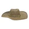 Ecru and black woven raffia Etna straw hat with "Leger comme une plume" embroidered band