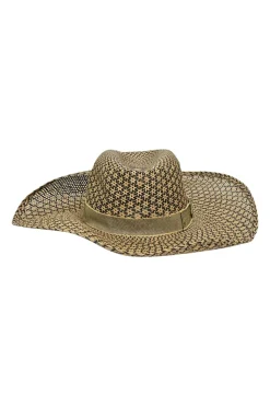 Ecru and black woven raffia Etna straw hat with "Leger comme une plume" embroidered band