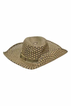 Ecru and black woven raffia Etna straw hat with "Leger comme une plume" embroidered band
