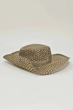 Ecru and black woven raffia Etna straw hat with "Leger comme une plume" embroidered band